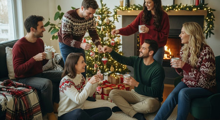 A group of friends celebrating christmas together in a cozy living room, decorated with a christmas tree and gifts, enjoying hot drinks and hanging ornamentsの素材