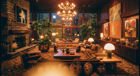 A cozy and stylish living room with large windows showcasing a scenic view, featuring modern furniture, decorative plants, and artistic wall decorの素材