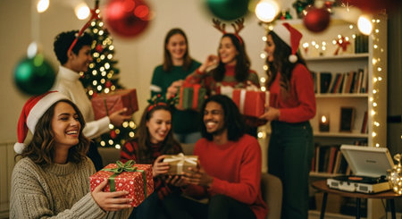 A group of friends celebrating Christmas, exchanging gifts, wearing festive hats and sweaters, decorated Christmas tree in the background, warm and joyful atmosphereの素材