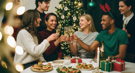A group of friends celebrating at a festive holiday gathering, toasting with champagne glasses in front of a decorated Christmas treeの素材