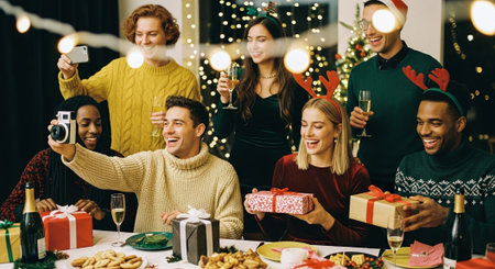 A festive gathering with friends celebrating Christmas, smiling and holding gifts, decorated table with food and drinks, holiday lights in the backgroundの素材