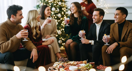 A group of friends enjoying a festive gathering during the holiday season, sitting around a table with drinks and snacks, decorated Christmas tree in the backgroundの素材