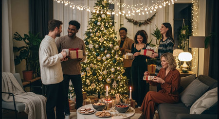 A festive gathering with friends celebrating Christmas, decorated tree, gifts, and snacksの素材