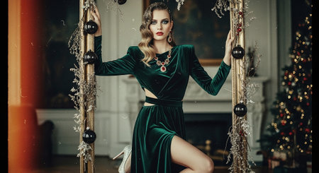 A glamorous woman in a green velvet dress posing elegantly in a festive setting, surrounded by holiday decorations and a Christmas treeの素材