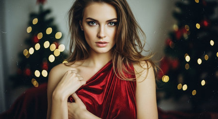 A woman in a red dress posing in front of a decorated Christmas tree, soft bokeh lights in the background, warm and festive atmosphereの素材