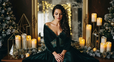 A woman in a luxurious green velvet dress sitting elegantly in front of a festive backdrop with candles and Christmas decorationsの素材
