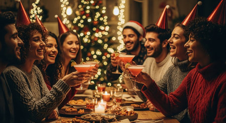 A group of friends celebrating a festive occasion, wearing party hats and toasting with cocktails, surrounded by holiday decorations and a Christmas treeの素材