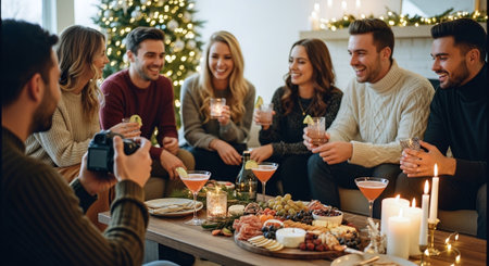 A group of friends enjoying a festive gathering with drinks and food, surrounded by holiday decorations and warm lightingの素材