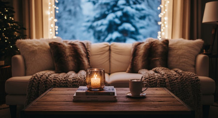 A cozy living room with a white sofa, plush pillows, a soft throw, a wooden coffee table with a candle and hot beverage, and a snowy landscape visible through the window with fairy lightsの素材