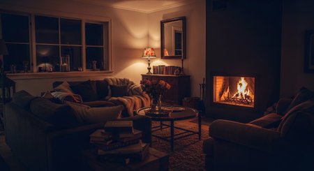 A cozy living room at night with a warm fireplace, soft lighting, and comfortable furniture, creating a relaxing atmosphereの素材
