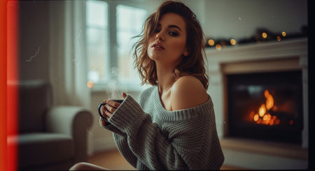 A woman in a cozy sweater holding a cup, sitting near a fireplace with a warm glow, creating a relaxed and inviting atmosphereの素材