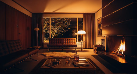 A cozy modern living room at night, featuring a warm fireplace, stylish furniture, and a view of illuminated trees outsideの素材