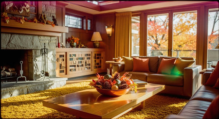 Interior of a living room with a view of the fireplace.の素材