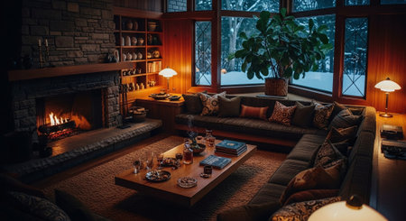A cozy living room with a stone fireplace, warm lighting, and large windows showing a snowy landscape outsideの素材