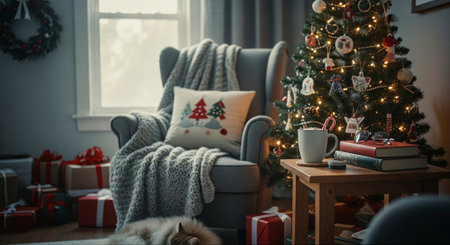 A cozy living room decorated for christmas, featuring a beautifully lit tree, gifts, a comfortable armchair with a knitted blanket, and a coffee cup on a wooden tableの素材