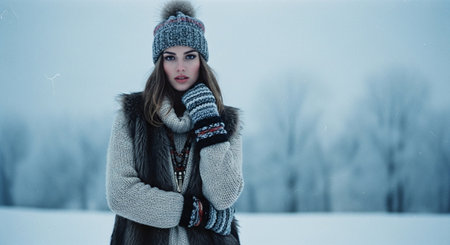 A young woman in a winter outfit, wearing a knitted hat and gloves, standing in a snowy landscape with trees in the backgroundの素材