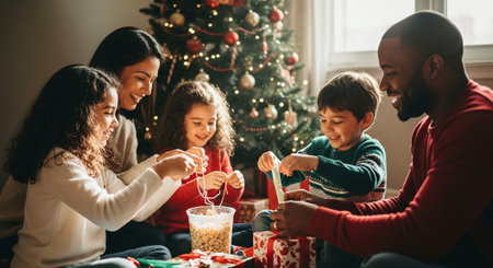 A family enjoying a cozy holiday activity together, making crafts with popcorn and ribbons, surrounded by Christmas decorations and a treeの素材