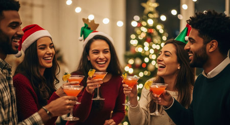 A group of friends celebrating with cocktails at a festive holiday party, wearing Christmas hats, smiling and enjoying each others company, decorated Christmas tree in the backgroundの素材