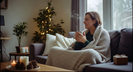 A cozy indoor scene featuring a woman wrapped in a blanket, holding a steaming cup, sitting on a sofa with a view of a rainy window and a decorated Christmas tree in the backgroundの素材