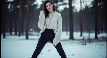 A woman in a cozy sweater and black pants standing in a snowy forest, surrounded by tall trees, with soft snowfall creating a serene atmosphereの素材