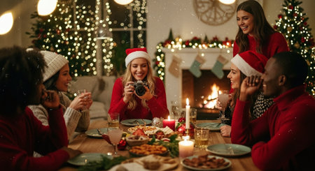A festive gathering of friends celebrating Christmas, wearing red sweaters and Santa hats, enjoying a meal with decorations and a Christmas tree in the backgroundの素材