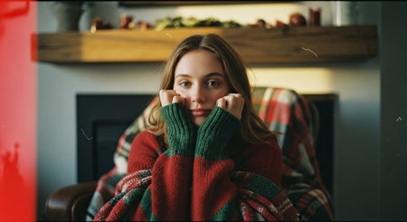 A young woman sitting in a cozy chair, wrapped in a colorful blanket, looking contemplative with her hands on her cheeks, in a warm and inviting living room settingの素材