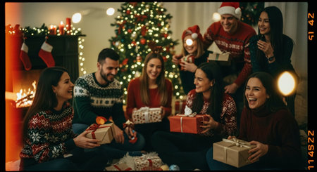 Group of friends exchanging gifts by a Christmas tree, wearing festive sweaters.の素材