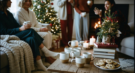 Cozy holiday gathering with friends by a Christmas tree and fireplace.の素材