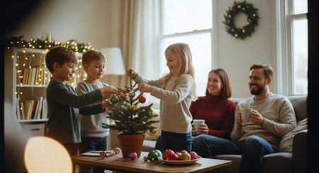 Family decorating a small Christmas tree in a cozy living room.の素材