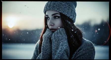 A young woman in a cozy sweater and knitted hat, standing in a snowy landscape during sunset, with snowflakes falling around herの素材