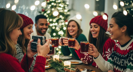 Group of friends celebrating Christmas with drinks and laughter.の素材