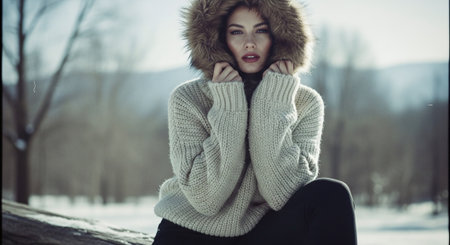 A woman in a cozy sweater with a fur-lined hood, sitting outdoors in a snowy landscape, with trees in the backgroundの素材