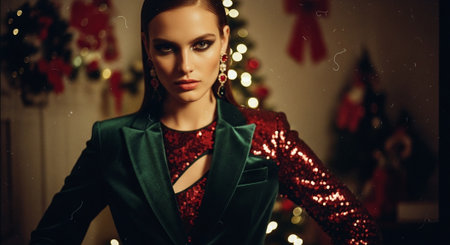 A glamorous woman in a stylish outfit with sequins and velvet, posing confidently in a festive setting with Christmas decorations in the backgroundの素材
