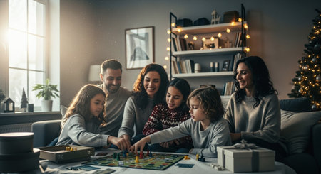 A family gathered around a board game in a cozy living room, decorated for the holidays, with warm lighting and festive decorationsの素材