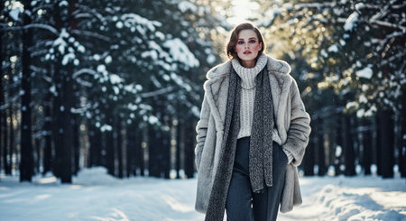A woman walking in a snowy forest, wearing a stylish winter outfit with a fur coat and scarf, surrounded by tall pine treesの素材