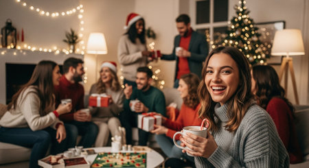 A joyful woman holding a cup with a candy cane, surrounded by friends celebrating Christmas, with festive decorations and a Christmas tree in the backgroundの素材
