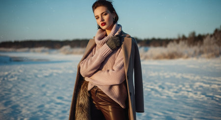 A fashionable woman in a winter setting, wearing a cozy sweater and stylish coat, with snow-covered landscape in the backgroundの素材