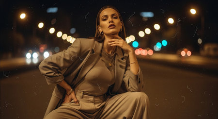 A stylish woman posing confidently on a city street at night, wearing a tailored suit, with blurred lights in the background creating a bokeh effectの素材