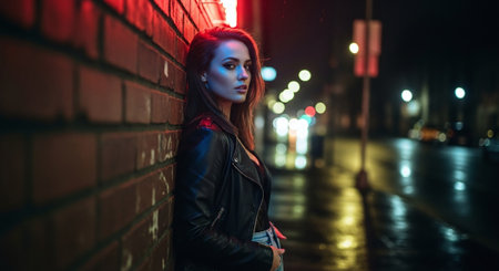 A young woman leaning against a brick wall at night, illuminated by neon lights, with a reflective wet street in the backgroundの素材