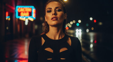 A confident woman posing in a stylish black outfit on a rainy night, with colorful neon lights in the backgroundの素材