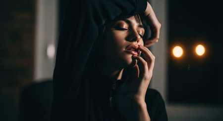 A woman with closed eyes and a thoughtful expression, wearing a black outfit, with her hand on her head, in a dimly lit room with soft glowing lights in the backgroundの素材