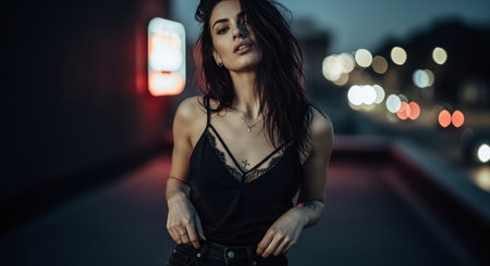A woman with long dark hair wearing a black lace top and jeans, posing confidently at dusk with city lights in the backgroundの素材