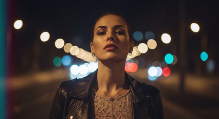 A confident woman stands in the middle of a city street at night, illuminated by blurred street lights. She wears a leather jacket and has a striking expression.の素材