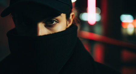 A close-up portrait of a person wearing a black coat and cap, partially obscured face, with a moody urban background featuring neon lightsの素材