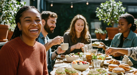 A group of friends enjoying a meal outdoors, laughing and sharing food at a table filled with salads, pastries, and drinksの素材