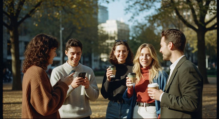 A group of five young adults enjoying coffee outdoors in a park, smiling and interacting with each other, surrounded by trees and autumn foliageの素材