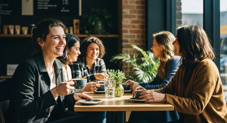 A group of five women sitting at a cafe table, enjoying drinks and laughing together, with plants and a cozy atmosphereの素材