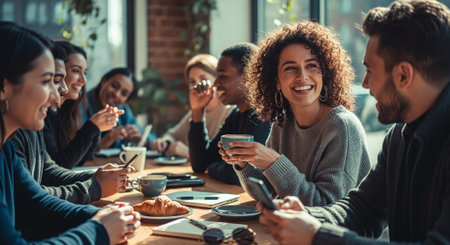 A group of diverse friends enjoying coffee and conversation in a cozy cafe, with warm lighting and a relaxed atmosphereの素材