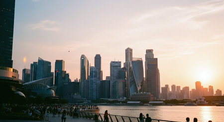 A vibrant skyline of a modern city at sunset, with tall skyscrapers reflecting the warm hues of the setting sun, people walking along a waterfront promenadeの素材