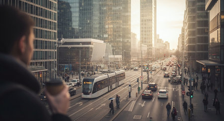 A person holding a coffee cup overlooking a busy city street with a tram, tall buildings, and cars during sunsetの素材